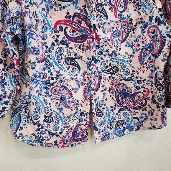 Basic Editions Paisley Boho 3/4 Sleeve Button Down Dress Shirt Work Wear Sz XL - Picture 4 of 11